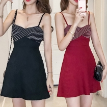 Sexy Backless V-neck High Waist Striped Spliced Sling Dress