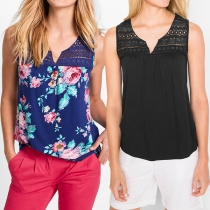 Fashion Sleeveless V-neck Lace Spliced Chiffon Top 