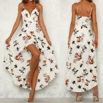 Sexy Backless V-neck High-low Hem Printed Sling Dress