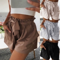 Fashion Solid Color Lace-up High Waist Shorts 