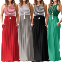 Fashion Sleeveless Round Neck High Waist Striped Spliced Dress