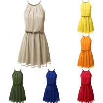 Fashion Solid Color Elastic Waist Sling Chiffon Dress