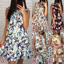 Fashion Sleeveless Round Neck Ruffle Hem Printed Dress