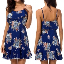 Sexy Backless Ruffle Hem Printed Sling Dress