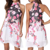 Fashion Sleeveless Printed Halter Chiffon Dress