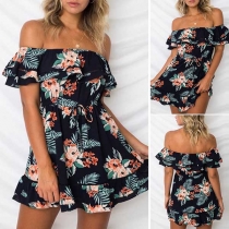 Sexy Ruffle Boat Neck High Waist Printed Dress