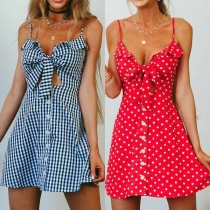 Sexy Backless V-neck Single-breasted Dots Pinted Sling Dress