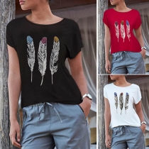 Fashion Sequin Splicied Feather Printed Short Sleeve T-shirt 