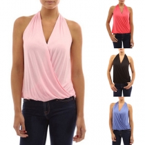 Sexy Deep V-neck Solid Color Halter Top 
