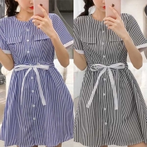 Fresh Style Short Sleeve Round Neck Single-breasted Striped Dress