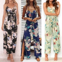 Sexy Backless V-neck Slit Hem High Waist Printed Sling Jumpsuit 