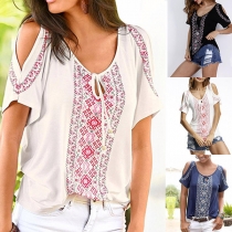 Sexy Off-shoulder Short Sleeve Printed T-shirt 