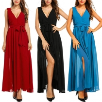 Elegant Solid Color Sleeveless V-neck Slit Hem Chiffon Dress