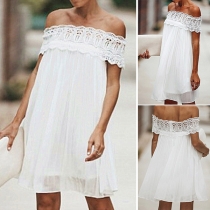 Sexy Off-shoulder Lace Spliced Boat Neck Solid Color Dress