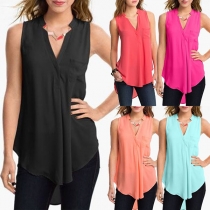 Fashion Sleeveless V-neck High-low Hem Solid Color Top 