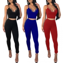 Sexy Backless V-neck Sling Crop Top High Waist Pants Two-piece Set 