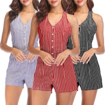 Sexy Backless V-neck Striped Halter Romper 