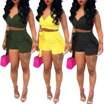 Sexy Backless V-neck Sling Crop Top + High Waist Shorts Two-piece Set 