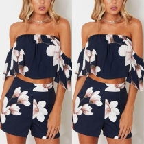 Sexy Off-shoulder Printed Crop Top + High Waist Shorts Two-piece Set