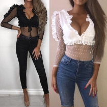 Sexy Deep V-neck See-through Gauze Spliced Long Sleeve Top 