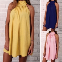 Fashion Solid Color Sleeveless Stand Collar Loose Dress