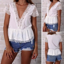 Sexy Deep V-neck Short Sleeve Lace Spliced Top 