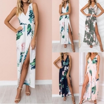 Sexy Backless V-neck Slit Hem Sleeveless Printed Jumpsuit