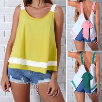 Sexy Bowknot Backless Contrast Color Loose Top 