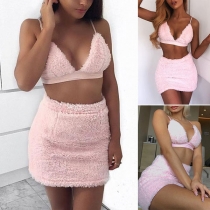 Sexy Backless V-neck Sling Top + Skirt Plush Two-piece Set 