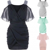 Sexy Off-shoulder V-neck Solid Color Slim Fit Dress