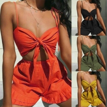 Sexy Sling Sleeveless Solid Color Bowknot Slim Fit Top + Shorts Two-piece Set 