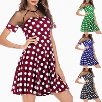 Sexy See-through Gauze Spliced Dots Printed Dress