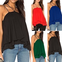 Sexy Backless Dual-layer Hem Solid Color Sling Chiffon Top 
