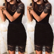 Fashion Short Sleeve Round Neck Slim Fit Lace Dress