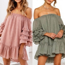 Sexy Off-shoulder Boat Neck Trumpet Sleeve Ruffle Hem Dress