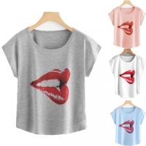 Fashion Red-lip Printed Short Sleeve Round Neck T-shirt 