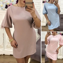 Fashion Solid Color Half Sleeve Round Neck Lace-up Dress