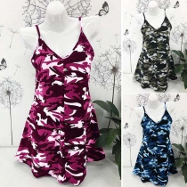 Sexy Backless V-neck Camouflage Printed Sling Dress 