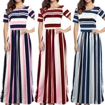 Fashion Short Sleeve Round Neck High Waist Striped Dress