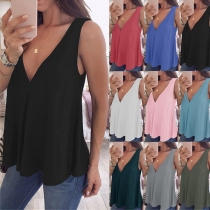 Sexy Deep V-neck Solid Color Sleeveless Loose Chiffon Top 