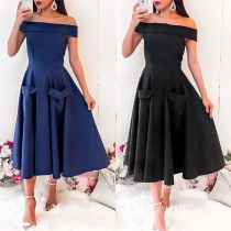 Sexy Off-shoulder Boat Neck High Waist Solid Color Dress