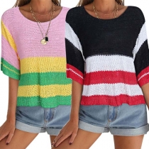 Fashion Contrast Color Half Sleeve Round Neck Knit Top 