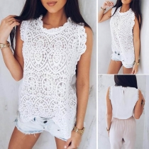 Fashion Solid Color Sleeveless Round Neck Lace Top 