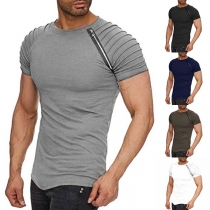 Fashion Solid Color Short Sleeve Round Neck Zipper T-shirt for Men