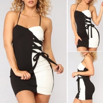 Sexy Halter Contrast Color Sleeveless Bandaged Slim Fit Over-hip Dress