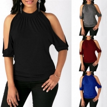 Sexy Off-shoulder Short Sleeve Solid Color T-shirt 