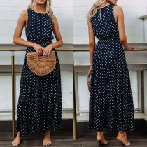 Fashion Sleeveless Round Neck Dots Printed Maxi Dress