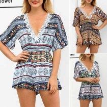 Sexy Lace Spliced V-neck Short Sleeve High Waist Printed Romper 