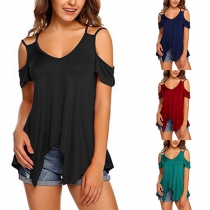 Sexy Off-shoulder Short Sleeve Irregular Hem Solid Color T-shirt 