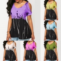 Sexy Off-shoulder Short Sleeve Contrast Color Printed T-shirt